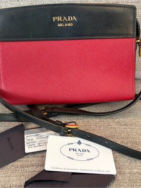 Prada Milano City Calf Esplanade Saffiano Leather Crossbody - Black & Red
